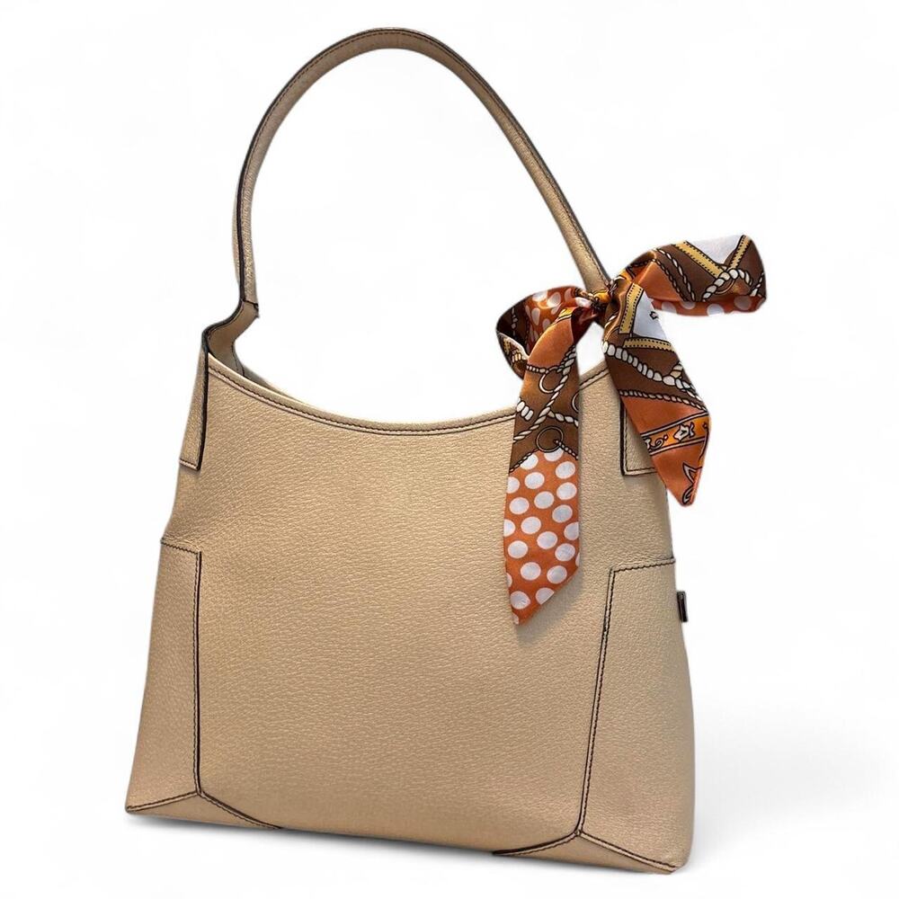 Salvatore Ferragamo Pebbled Leather Hobo Shoulder Bag Cream Tan Silver Logo